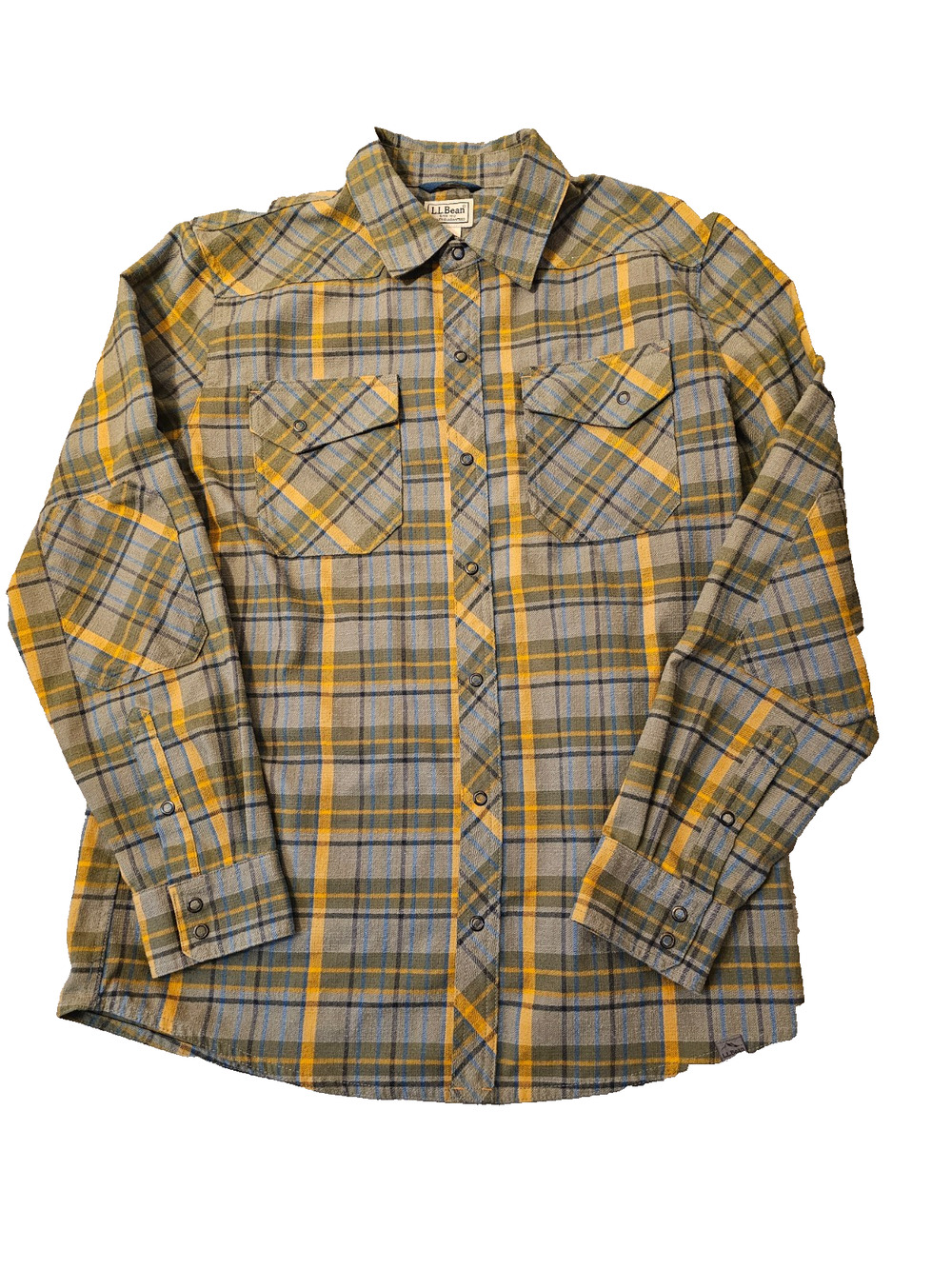 L.L.Bean Mens Medium Green Gold Flannel Snap Front Western Casual Shirt M